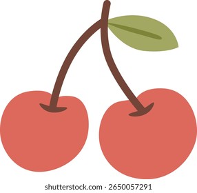 Pair of ripe red cherries with stem and leaf. Simple flat design vector illustration of fresh fruit.