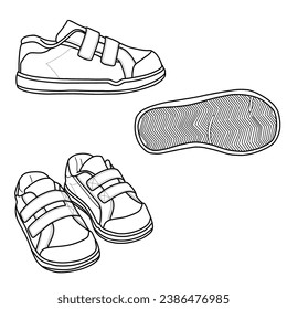 Pair of rip-tab shoes for kid's. Hand drawn illustration sneakers with velcros and anti-slip.