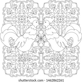 A pair of roosters on the background of an abstract ornament. Zenart. Anti stress coloring.