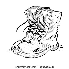 Pair of rough boots for work or army, hand drawn vector illustration, monochrome