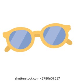 Pair of round fashionable sunglasses featuring a warm yellow frame and blue lenses. The eyewear is depicted in a front-facing perspective with detailed bridge and temple arms. This accessory represents summer style, optical protection, and trendy vacation wear, making it ideal for content related to eye health, fashion, and bright sunny conditions.