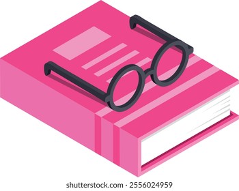 Pair of round reading glasses sits atop a closed pink book, inviting viewers to imagine diving into its pages, in an isometric perspective