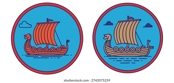 Pair of round red and brown viking longboat icon illustrations eps 10
