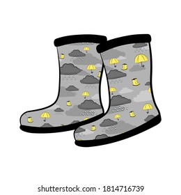 Pair of rubber boot in clouds umbrellas and boots pattern on grey background - waterproof  footwear for seasonal design in flat style. Isolated vector illustration of gumboots for protection