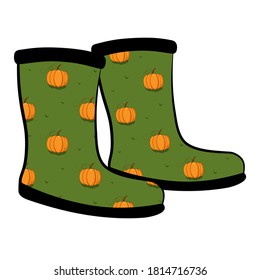 Pair of rubber boot in pumpkin pattern on green background - waterproof footwear for seasonal design in flat style. Isolated vector illustration of gumboots for protection against water and puddles.