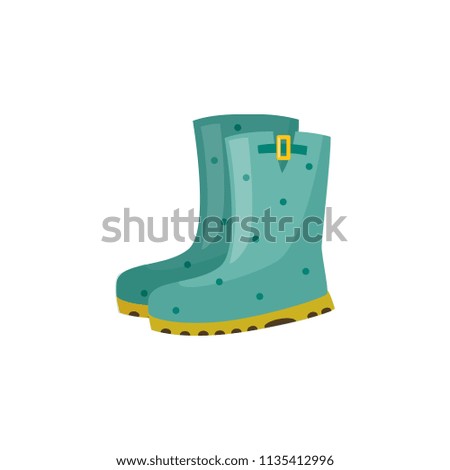 Pair of rubber boot in turquoise color - waterproof autumn footwear for seasonal design in flat style. Isolated vector illustration of gumboots for protection against water and puddles.