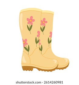 Pair of rubber boots with flowers print vector hand drawn illustration. Classic gardening, autumnal footwear for stickers, packaging, posters, invitations, web icons, textiles, seasonal designs