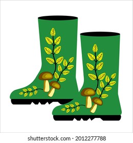 A pair of rubber boots, green with an autumn print on a white background.Vector illustration of shoes.