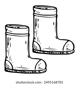 Pair of rubber boots hand drawn in doodle style. Shoes that protect against water and dirt when working in the garden. Comfortable clothes. Vector line art illustration.