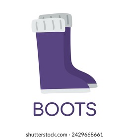 Pair of rubber boots. Study word for dictionary. High waterproof shoes for children. Element of clothing and wardrobe. Isolated object. Color image - purple, gray. Flat design. Vector illustration