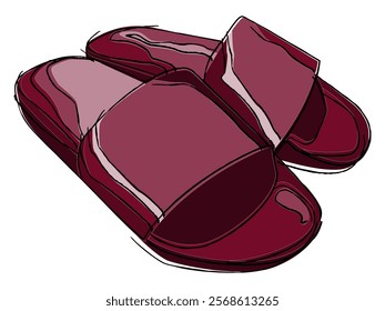 Pair of rubber slippers for outdoor or indoor activity isolated on white. Comfy footwear, male or female sandals for beach,pool,gym,summer. Freehand flat vector illustration set.