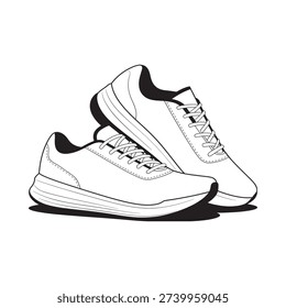 A pair of running shoes depicted in a simple black and white line drawing
