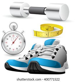 Pair of running shoes, stopwatch and measuring tape