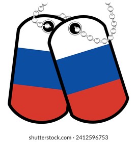 A pair of Russian military dog tags with chain over a white background showing the Russia national flag