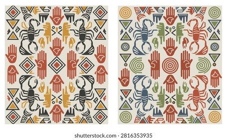 Pair of rustic tribal indigenous pattern prints featuring hand prints, scorpions, spirals, and warm earth tones.