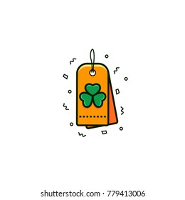 Pair of sale tags decorated with shamrock symbol for Saint Patrick's Day celebration - flat color icon on isolated background. Vector irish coupons with clover sign for gifts, sales and discounts.