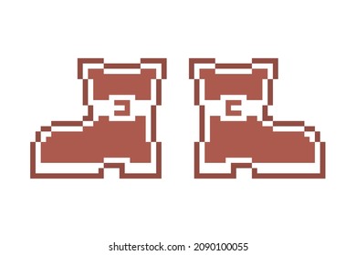 A pair of Santa's boots, pixel art gingerbread cookie decorated with white sugar icing, 8 bit food icon isolated on white background. Christmas biscuit dessert. Winter shoes shape holiday pastry.