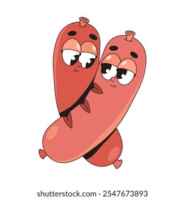 Pair of sausage character with face. Vector pop art icon. Restaurant menu element. Sticker of meaty product or fried kielbasa. Cartoon frankfurter food or comic wiener. Cooking and eating sticker.