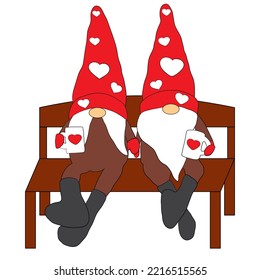 Pair of Scandinavian style Christmas gnomes holding cups of coffee or tea. Enamored gnomes in red caps. Greeting card for Christmas or Valentine's Day. Vector illustration isolated on white background