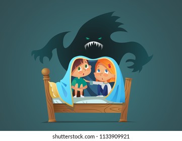 Pair of scared children sitting on bed and hiding from frightening ghost under blanket. Fearful kids and imaginary monster. Cartoon characters isolated on white background. Vector illustration
