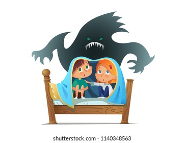 Pair of scared children sitting on bed and hiding from frightening ghost under blanket. Fearful kids and imaginary monster. Cartoon characters isolated on white background. Vector illustration.