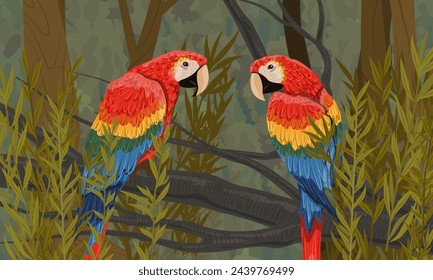 A pair of scarlet macaw parrot sits on the branches of a tropical tree. South America and Africa. Realistic vector landscape