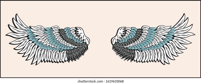 A pair of scattered eagle birds or angel wings. Illustration of wings in tattoo style isolated on white background. Design element for logo, label, badge, sign. Vector illustration