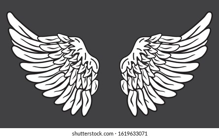 A pair of scattered eagle birds or angel wings. Illustration of wings in tattoo style isolated on white background. Design element for logo, label, badge, sign. Vector illustration