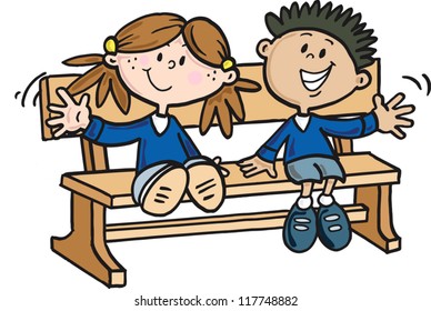A pair of school children waving from a bench