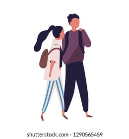 Pair of school teenage boy and girl. Funny students, pupils, classmates or friends walking together and having conversation, talking or chatting. Colorful vector illustration in modern flat style.