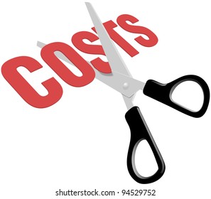 Pair of scissors cuts business expense word COSTS in half to save money