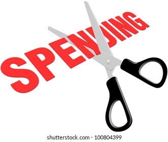 Pair of scissors cuts business or government spending expenses to lower debt
