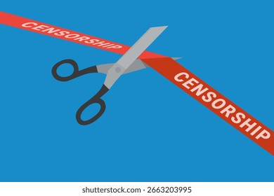 Un par de tijeras corta un Anuncio rojo con las palabras "CENSURA" escritas en él sobre un fondo azul en estilo de diseño plano