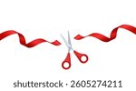 A Pair of Scissors Cutting Flying Red Silk Ribbon Over White Background. Vector Illustration