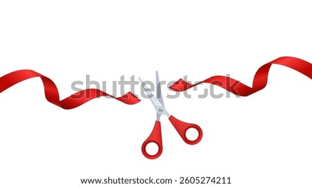 A Pair of Scissors Cutting Flying Red Silk Ribbon Over White Background. Vector Illustration