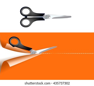 pair of scissors cutting orange background. vector illustration