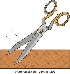 Eine Schere, die ein Stück braunes Gewebe durchschneidet.