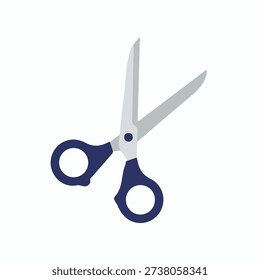 A pair of scissors with dark blue handles and silver blades, open and ready for use.
