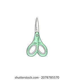 Par de tijeras con mangos verdes dibujando a mano ilustración vectorial. Icono de esbozo de pantalla, aislado en fondo blanco.