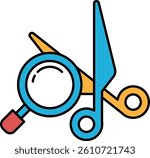 A pair of scissors and a magnifying glass are shown together. The scissors are blue and orange, and the magnifying glass is blue. Concept of precision and attention to detail, as both the scissors