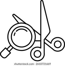 A pair of scissors and a magnifying glass are shown together