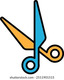 A pair of scissors with orange and blue handles. The scissors are drawn in a stylized way, with the orange handle on the left and the blue handle on the right. The scissors are not in use