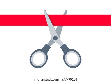 Pair of scissors and red band. Flat concept illustration of cutting with scissors a ribbon, tape at opening ceremony. Vector infographic element for web design, presentations and social networks.