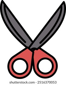 A pair of scissors with a red handle and a black blade. The scissors are open and ready to cut