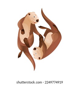 Pair of Sea Otter as Marine Mammal and Aquatic Creature with Brown Coat and Long Tail Swimming Together Vector Illustration