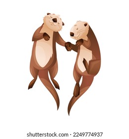 Pair of Sea Otter as Marine Mammal and Aquatic Creature with Brown Coat and Long Tail Swimming Together Vector Illustration