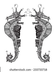 a pair of seahorses decorative doodle stylized illustration