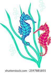 A pair of seahorses and sea grass on white background