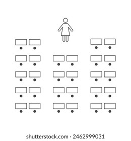 Icono de línea de disposición de asientos emparejados. Plan de Vacantes en aula, seminario o cine. Esquema, plano, Plan arquitectónico. Ilustración vectorial