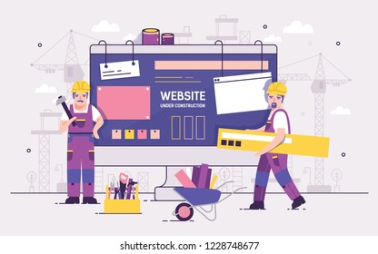 Pair of servicemen or repairmen holding and carrying repair tools against computer monitor on background. Concept of website under construction, web page maintenance or error 404. Vector illustration.
